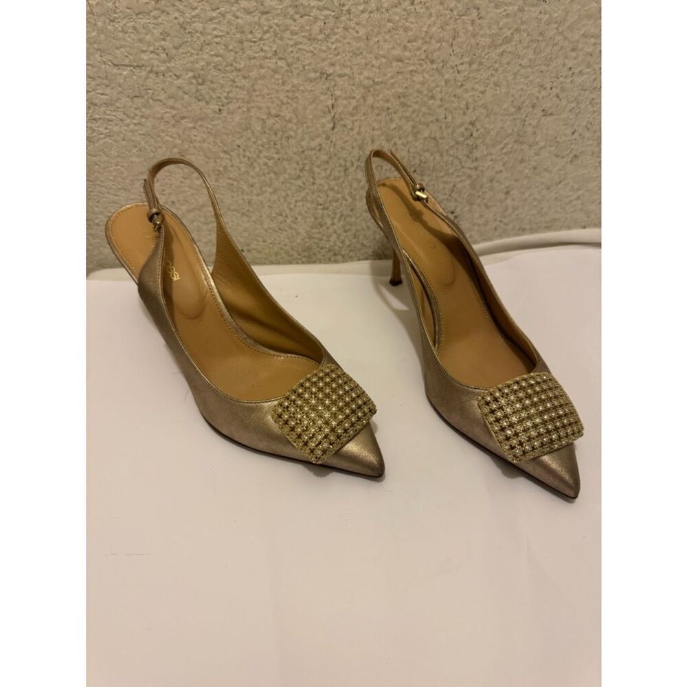 Sergio Rossi Metallic Gold Pointed Slingback Heels with Rhinestone Buckle